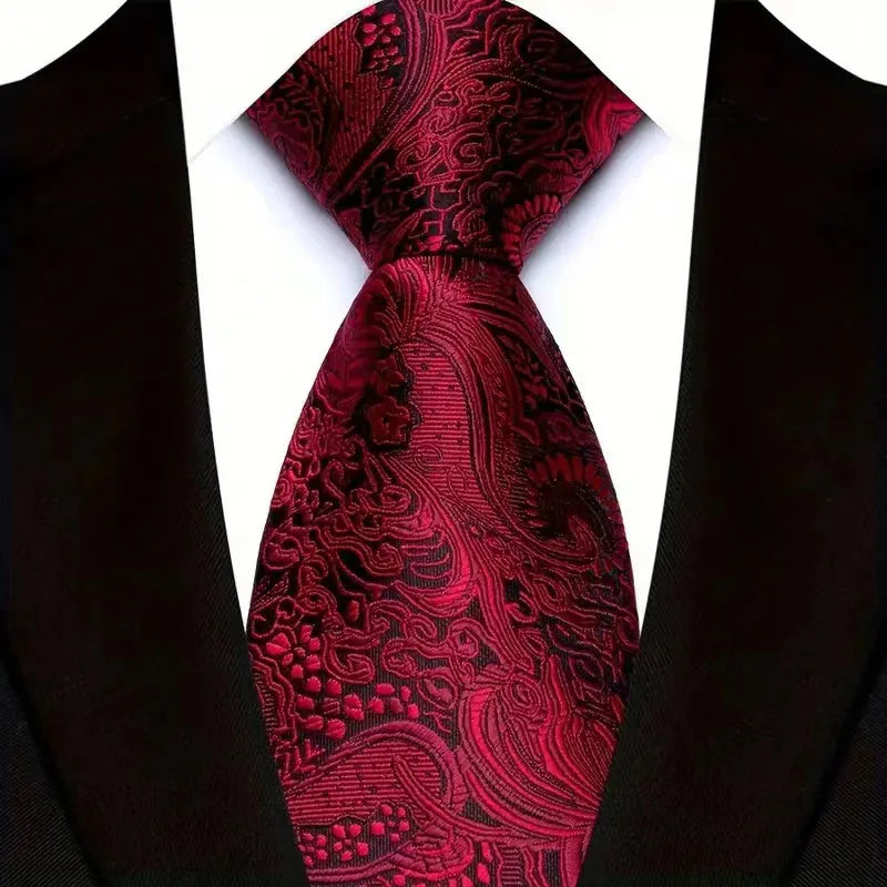 Gravata masculina luxuosa de 8cm, cor vermelha, listras sólidas, paisley, para homens, noivo, jacquard, tecido, gravata de pescoço para negócios, festa de casamento